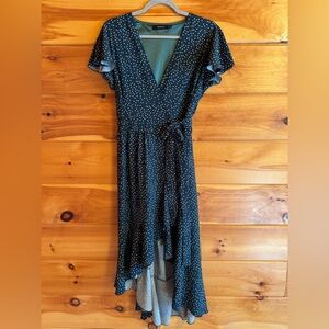 Polka Dot Green and White High-Low Wrap Dress with Tie Waist